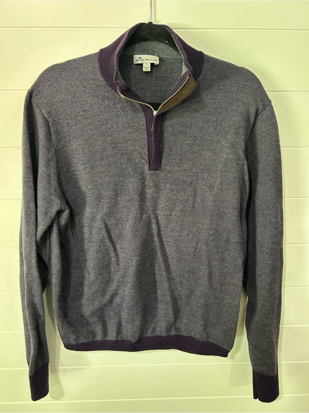 Peter Millar Gray Sweater with Purple Trim quarter Zip
